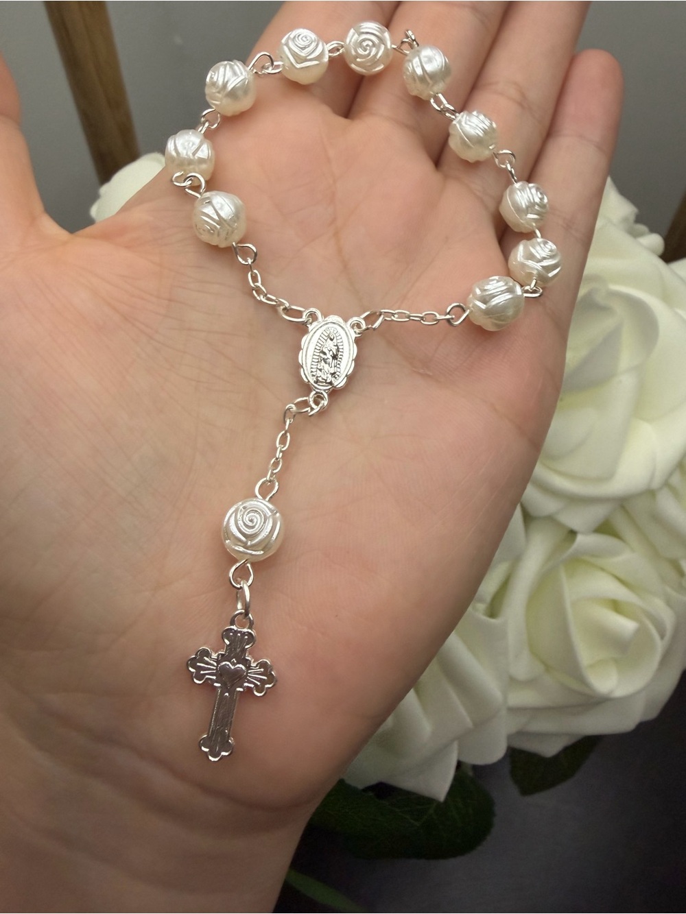 Sterling Silver White Pearl Rosary Bracelet with Cross